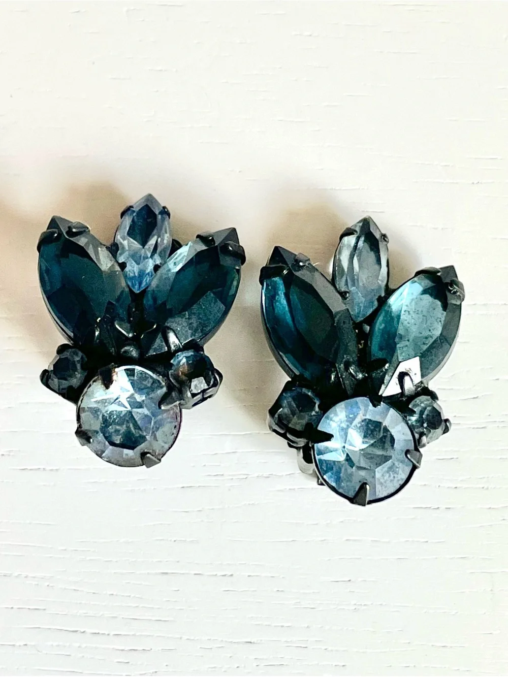 Vintage Blue Teal Rhinestone Clip Earrings Black Japanned Navette MCM Art Deco